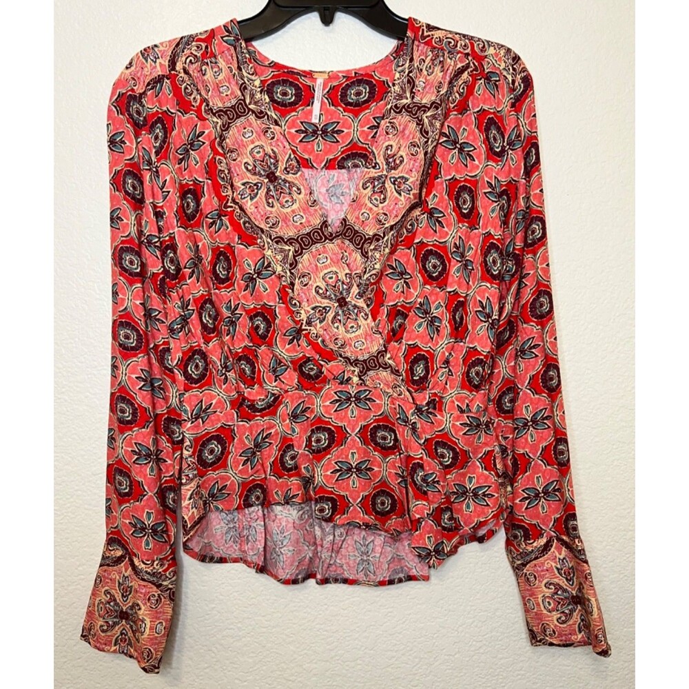 FREE PEOPLE Pink Red Hibiscus Combo Floral Paisley Peplum Top/Blouse Boho XS